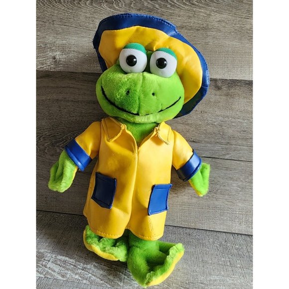 Plush Green Frog Yellow Raincoat Stuffed Animal PEEK-A-BOO Toys Spring - Picture 1 of 8
